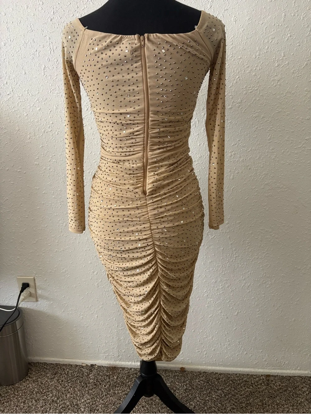 Windsor Nude-Beige Long Sleeve Ruched Bodycon Dress with Stud Details
